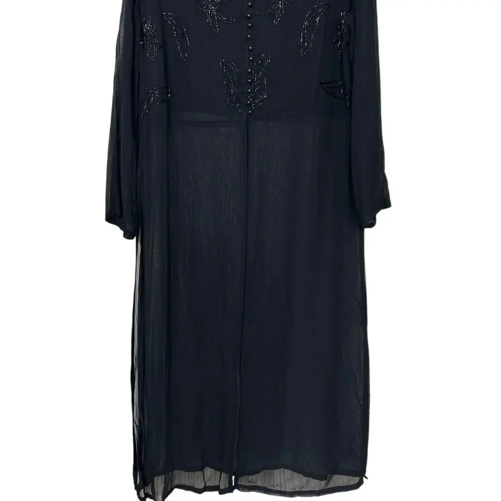 Y2K Sheer Black Beaded Duster Maxi Dress M Whimsigoth Indie Witchy Goth Overlay - Picture 4 of 13